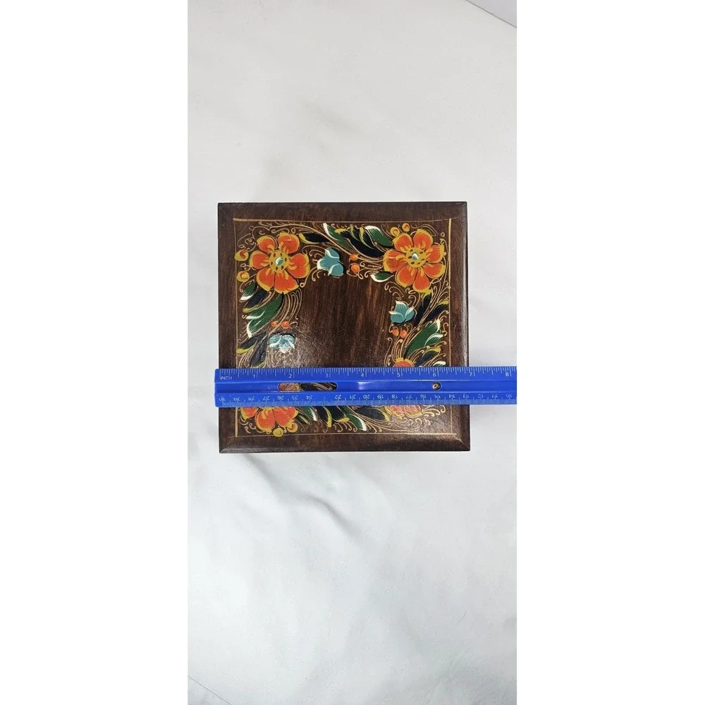Vintage Hand Painted Wood Trinket Box Floral Folk Art Jewelry Box Hinged Lid